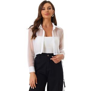 See Through Top Long Sleeve Button Down Cropped Jacket White